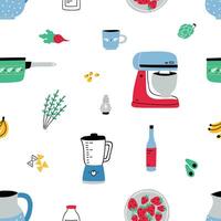 sömlös mönster med hand dragen kök redskap, manuell och elektrisk verktyg för Hem matlagning, köksredskap, mat Ingredienser och kryddor för hemlagad måltider på vit bakgrund. illustration. vektor