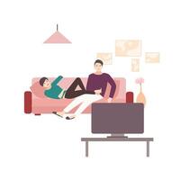 Mann und Frau Sitzung und Lügen auf komfortabel Sofa und Aufpassen Fernseher. jung Paar Ausgaben Zeit zusammen beim Zuhause im Vorderseite von Fernsehen Satz. süß eben Karikatur Figuren. bunt Illustration. vektor