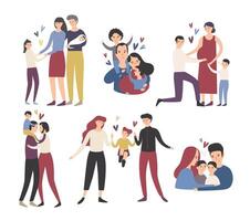 Lycklig kärleksfull familj. mor, far och barn leende, kramar, kissing och spelar. samling av söt och rolig platt tecknad serie tecken i annorlunda situationer. färgrik illustration. vektor