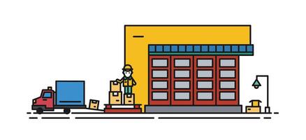 Warenhaus mit Walze Verschluss und Arbeiter im schwer Hut Wird geladen Ladung Kisten in LKW. kommerziell Gebäude zum Lager von Waren isoliert auf Weiß Hintergrund. Illustration im lineart Stil. vektor