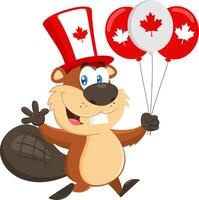 kanadensisk bäver tecknad serie karaktär löpning med ballong för Lycklig kanada dag vektor