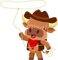 süß Hochland Kuh Tier Karikatur Charakter Cowboy mit Lasso vektor