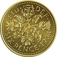 1964 britisch sechs Pence Geld Gold Münze vektor
