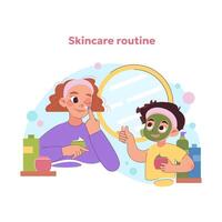 tecknad serie kvinna och pojke lyckligt håller på med hudvård rutin- i främre av spegel vektor