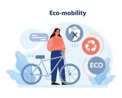 Frau mit Fahrrad fördern Ökomobilität im Städte. eben Illustration vektor