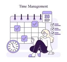 ett organiserad kvinna effektivt planer henne schema, märkning uppgifter på en kalender, symboliserande strukturerad tid utnyttjande vektor