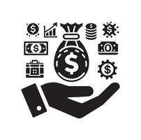 Geld auf das Hand Silhouette Stil. speichern Geld Symbol, Investition, Finanzen unterzeichnen. vektor