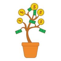 Geldbaum mit wachsenden Goldmünzen. Geschäfts-, Finanz-, Wirtschafts- und Investitionskonzept. ein Symbol des materiellen Wohlbefindens vektor