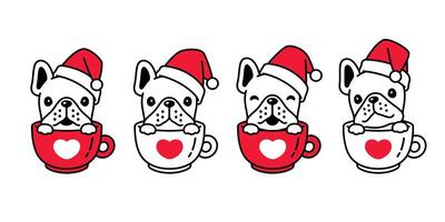 hund jul franska bulldogg santa claus hatt ikon kaffe kopp valp sällskapsdjur karaktär tecknad serie symbol scarf klotter illustration design vektor