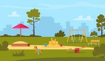 Öffentlichkeit Park im das Stadt mit Kinder Spielplatz. Kinder- Unterhaltung Spielplatz Elemente. gleiten, Bänke, Sandkasten, schwingen und Erholung Park, Spielzeuge. Platz Kinder Spiele. Illustration. vektor