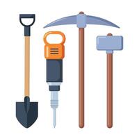 Bergbau Werkzeug, Schaufel, Spitzhacke, Presslufthammer, Vorschlaghammer. Illustration. vektor