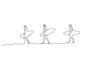 drei Menschen jung Männer Surfen Surfbrett Wasser Sport Lebensstil Linie Kunst Design vektor