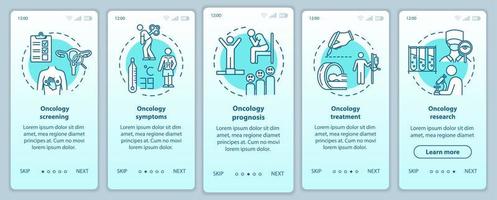 Onkologie Onboarding mobiler App-Seitenbildschirm mit Konzepten. Krebssymptome. Krankheitsbehandlung Walkthrough fünf Schritte grafische Anweisungen. Krankheitsprognose. ui-vektorvorlage, rgb-farbabbildung vektor