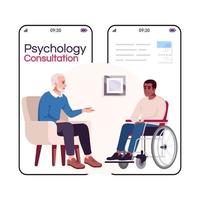 Psychologieberatung Cartoon Smartphone-Vektor-App-Bildschirm. Psychotherapie. Psychoanalyse. Gesprächstherapie. Handy-Display mit flachem Charakter-Design-Mockup. Anwendung Telefon süße Schnittstelle vektor