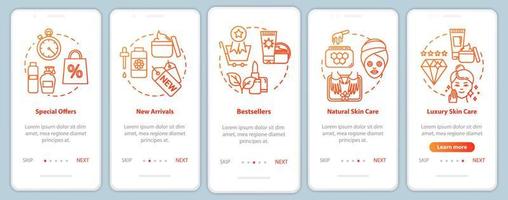 Skicare Onboarding Mobile App-Seitenbildschirm mit Konzepten. Bestseller und Sonderangebote. Komplettlösung für kosmetische Produkte in 5 Schritten mit grafischen Anweisungen. ui-vektorvorlage mit rgb-farbillustrationen vektor