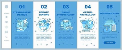Archäologiemethoden Onboarding mobiler Webseiten Vektorvorlage. Gelände studieren. reaktionsschnelle Smartphone-Website-Schnittstellenidee mit linearen Illustrationen. Schrittbildschirme für die Website-Walkthrough-Schritte. Farbkonzept vektor