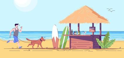 man joggar vid havet med sin hund platt doodle illustration. kille springer förbi strandbaren med husdjur i koppel. löpare på stranden. indonesien turism 2d seriefigur med kontur för kommersiellt bruk vektor