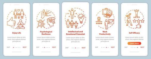 Psychische Gesundheit Onboarding mobiler App-Seitenbildschirm mit Konzepten. genieße das Leben. Psychologische Wellness-Anleitung in fünf Schritten mit grafischen Anweisungen. ui-vektorvorlage mit rgb-farbillustrationen vektor