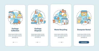 Abfallwirtschaftsservice Onboarding mobiler App-Seitenbildschirm. Garbage Collection Walkthrough 4 Schritte grafische Anweisungen mit Konzepten. ui, ux, gui-Vektorvorlage mit linearen Farbillustrationen vektor