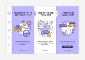 vägtesttjänster onboarding vektor mall. responsiv mobilwebbplats med ikoner. webbsida genomgång 3-stegs skärmar. körskola erbjuder färgkoncept med linjära illustrationer