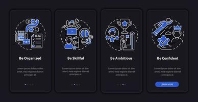 Charaktereigenschaften für den beruflichen Aufstieg beim Onboarding des Bildschirms der mobilen App-Seite. Erfolgreiche Komplettlösung 4 Schritte mit grafischen Anweisungen mit Konzepten. ui, ux, gui vektorvorlage mit nachtmodusillustrationen vektor