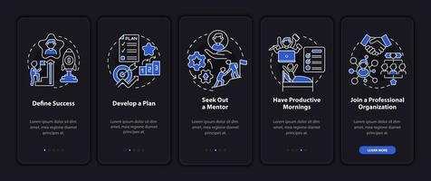 produktive Arbeit zur Entwicklung des Karriere-Onboarding-Bildschirms für die mobile App-Seite. Success Walkthrough 5 Schritte grafische Anweisungen mit Konzepten. ui, ux, gui vektorvorlage mit nachtmodusillustrationen vektor