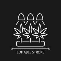 Cannabisanbau weißes lineares Symbol für dunkles Thema. Kräuter unter künstlichem Licht anbauen. dünne Linie anpassbare Illustration. isoliertes Vektorkontursymbol für den Nachtmodus. bearbeitbarer Strich vektor