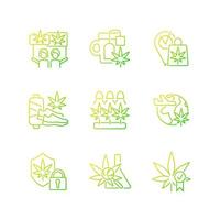 cannabis användning gradient linjär vektor ikoner set. marijuanakultur. rekreationsbruk. hampa försäljning och frakt. tunn linje kontur symboler bunt. isolerade kontur illustrationer samling