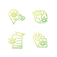 världsomspännande cannabisindustrin gradient linjär vektor ikoner set. transport av marijuana. resebranschen. cannabis butik. tunn linje kontur symboler bunt. isolerade kontur illustrationer samling