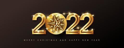 Weihnachten und guten Rutsch ins Neue Jahr 2022 goldener Textdesignhintergrund verziert mit Geschenkbox und leuchtender Glühbirnengirlande vektor