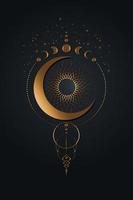 Traumfänger mit Mond und Sonne. Mondphasen rund. handgezeichnete Illustration im Boho-Stil. altes goldenes Wicca-Bannerzeichen, heilige Energiekreise, Vektor auf schwarzem Hintergrund isoliert