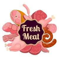 tecknad färskt rått kött i platt stil logotyp, etikett, vind. kyckling och bacon, biff och korv, krakowkorv och skinka, filé. köttprodukter och ingredienser. vektor