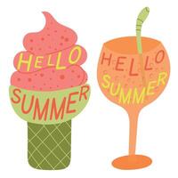Hallo Sommer- Eis Sahne Kegel und Cocktail mit Wörter Hallo Sommer- Farbe Illustration eben Stil vektor