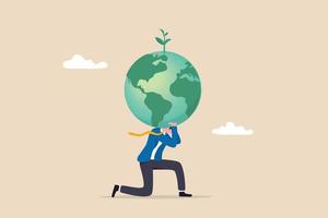 Klimawandel und Verantwortung für die globale Erwärmung, Verpflichtung des Weltmarktführers, auf unser Planetenerdekonzept zu achten, Geschäftsmann in Atlas-Pose, der eine grüne Kugel mit einer Sämlingspflanze auf der Schulter trägt.