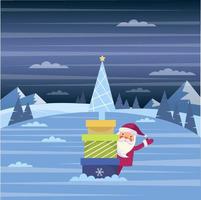 vektor illustration jultomten med gåvor i vinterskogen