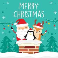 Jultomten hjortpingvin i skorstensgröna julhälsningskort vektor