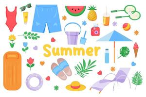 ein einstellen von süß Strand Elemente zum ein Sommer- Urlaub. Sommer- Ferien oder Tourismus. Illustration. vektor