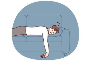 erschöpft Mann fiel schlafend Lügen auf komfortabel Sofa mit Nein Energie nach schwer Tag beim Arbeit vektor