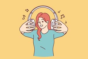 trådlös hörlurar i händer av kvinna inbjudande du till lyssna till populär låtar eller radio tillsammans vektor