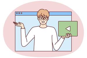 jung Mann im Brille mit abspielen Taste im Hand sieht aus aus von Netz Browser Fenster vektor