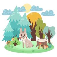 söt illustration med en kanin i platt stil bland en skog av träd och gran träd. barns scen. vektor