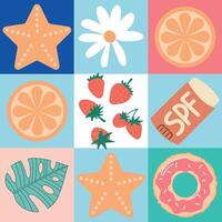 geometrisk sommar bakgrunder med enkel former och siffror formning solglasögon, dryck, apelsin, vattenmelon, ananas, is grädde och Övrig sommar symboler.affischer, flygblad, banners för omslag, webb, tryck vektor