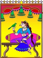 Herrens gopika, sevika eller tjänare har ritat i indisk folkkonst, kalamkari-stil. för textiltryck, logotyp, tapeter vektor