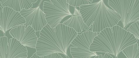 abstrakt Laub Linie Kunst Hintergrund. Blatt Hintergrund von tropisch Blätter, Ginkgo Blatt, Pflanzen im Hand gezeichnet Muster auf grün. botanisch Urwald illustriert zum Banner, Drucke, Dekoration, Stoff. vektor