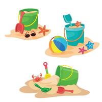 Karikatur Sand Eimer Illustration mit Schaufel und Rechen. Strand Sand spielen Satz. Sommer- Element. eben im Karikatur Stil isoliert auf Weiß Hintergrund. vektor