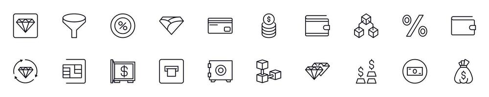 Geld, Finanzen, Wirtschaft linear Symbole Pack. Gliederung Symbol und editierbar Schlaganfall zum Apps, Shops, Geschäfte, Infografiken vektor