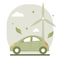 Illustration mit Grün elektrisch Wagen. Energie von Windmühlen. speichern das Erde. Grün Umwelt Konzept vektor