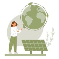 spara de planet begrepp. kvinna använda sig av sol- paneler. spara energi. eco vänlig, grön energi vektor