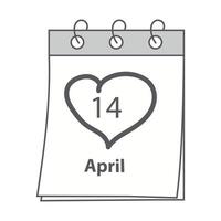 14 April Kalender Seite mit Datum und Hand gezeichnet Herzen gestalten Schlaganfall. Design zum schwarz Tag Schöne Grüße vektor
