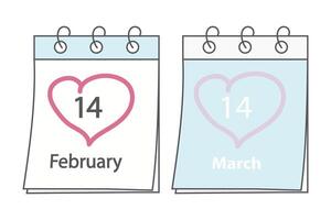 2 kalender sidor med kärlek Semester datum 14 februari valentines dag och 14 Mars de vit dag vektor